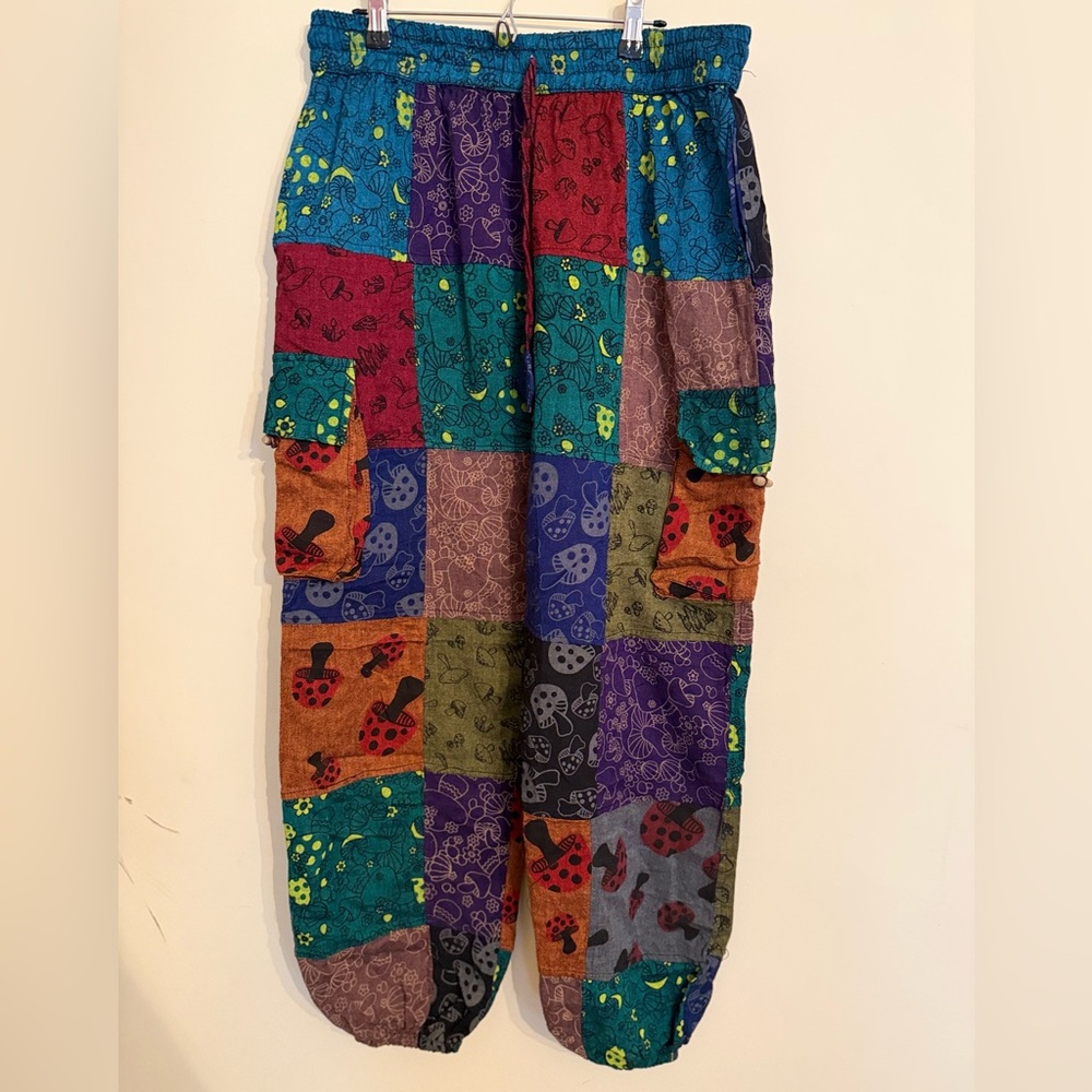 💥SOLD💥 🍂🍄100% Cotton Multicolor Patchwork Pants with Mushroom Print 🍄‍🟫🌈